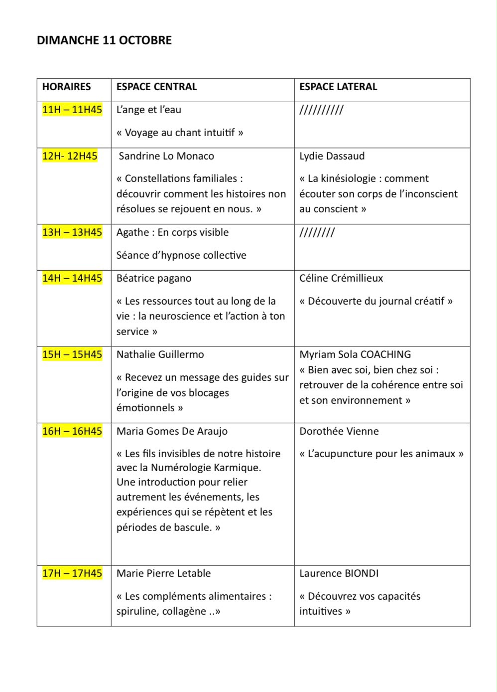 Programme du dimanche 11 octobre 2026