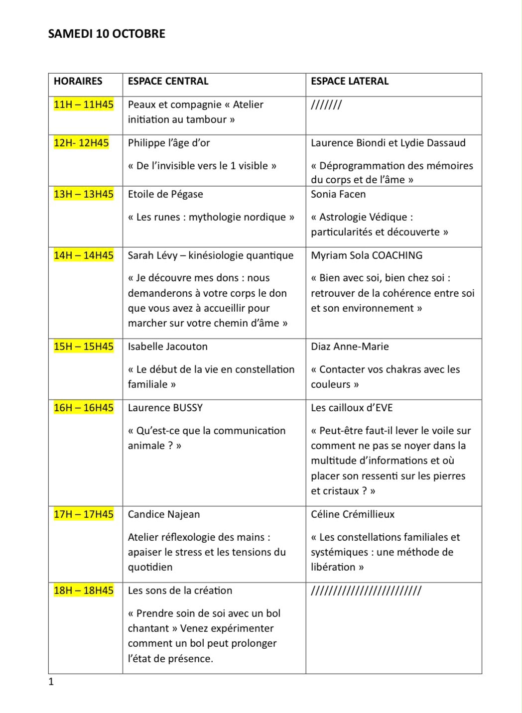Programme du samedi 10 octobre 2026
